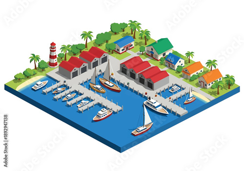 Isometric 3D view illustration of an island harbor with docks, boats, warehouses, and coastal buildings, clean vector scenery for maritime and travel design