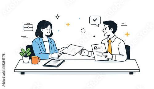 Friendly Interview Exchange. HR interview. Recruiter and candidate sitting across a table, calmly talking and exchanging documents. Professional and friendly