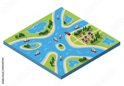 Isometric 3D view illustration of a river delta with branching waterways, wetlands, boats, and surrounding land, clean vector scenery for geography and environment themes