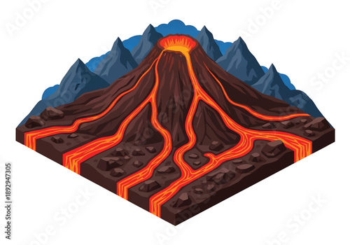 Isometric 3D view illustration of a volcanic landscape with cone volcano, lava paths, and surrounding terrain, stylized vector scenery for geology concepts