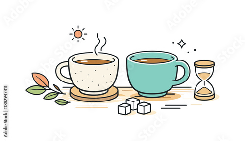 Calm Tea Moments. Mindful moments. Stoneware tea cups shown in a simple still life, emphasizing calm, warmth, and appreciation of everyday objects. Minimalist