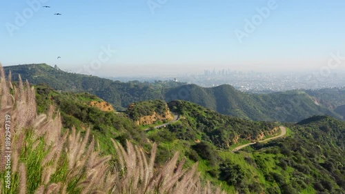 Wide shot of the Los Angeles skyline, Griffith Observatory, and surrounding green hills on a bright, hazy day in Southern California.