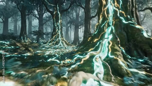 Mystical Forest: A mesmerizing vista of an ethereal forest, where ancient trees radiate with a captivating glow, set within a serene landscape, evoking feelings of awe and wonder.