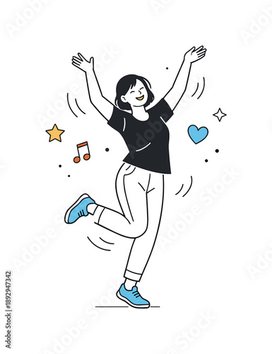 Expressive Dance Joy. People dancing happiness. Single person dancing freely with raised arms, expressive posture and light decorative shapes around.