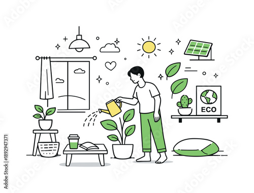 Eco-Friendly Minimalist Home. Green lifestyle home. Person watering plants near a window with sunlight and minimal furniture. Calm, natural atmosphere and