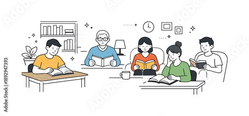 Tranquil Library Reading. Library visitors reading quietly. People seated at desks or cozy chairs with open books, calm and focused expressions. Peaceful