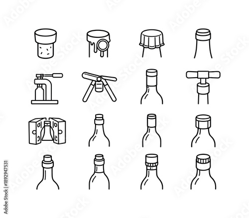 Bottle Sealing Icons. Bottle Sealing. Line icon set of Bottle Sealing: cork stopper, sealing wax, foil cap, bottle neck icon, sealing press, hand-press tool,