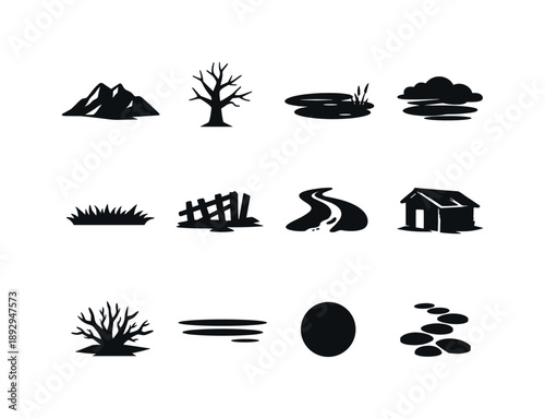 Monochrome Landscape Icons. Desaturated Landscape Elements. Solid icon set of Desaturated Landscape Elements: dry hill, bare tree, quiet lake, mist cloud, flat