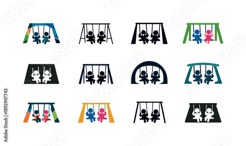Playful Siblings Logo Set. Siblings playing. Icon set. Set Logo of siblings playing: kids sharing a swing set. harmonious logo variations of the same