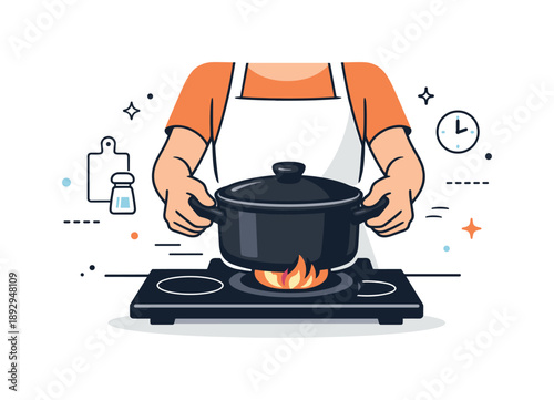 Calm Cooking Scene. Recipe step cooking. A person placing a pan or pot on a stove, showing active cooking process in a calm, focused environment. Warm,