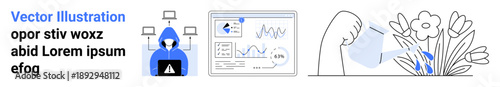 Cybersecurity, data protection, hacking awareness, analytics, environmental sustainability, digital threats. A hacker with a laptop, a digital dashboard and hand watering plants. Cybersecurity