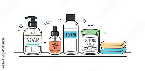 Bathroom Shelf Serenity. Bathroom shelf objects. A close-up of labeled glass bottles and folded face cloths on a clean shelf. Subtle organization and visual