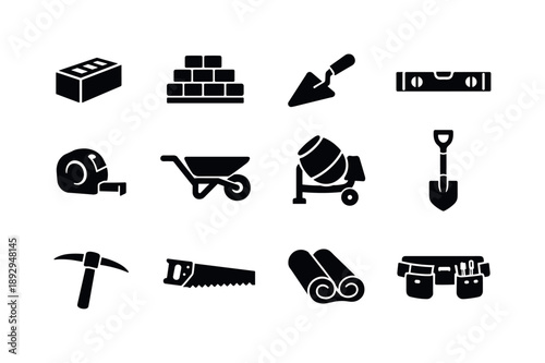 Construction Gear Icons. Sapper. Solid icon set of construction gear: concrete block, brick stack, trowel, level tool, measuring tape, wheelbarrow, cement