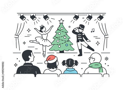 Christmas Ballet Celebration. Group enjoying Christmas ballet. View from behind the audience with stage lights ahead, sense of anticipation and cultural