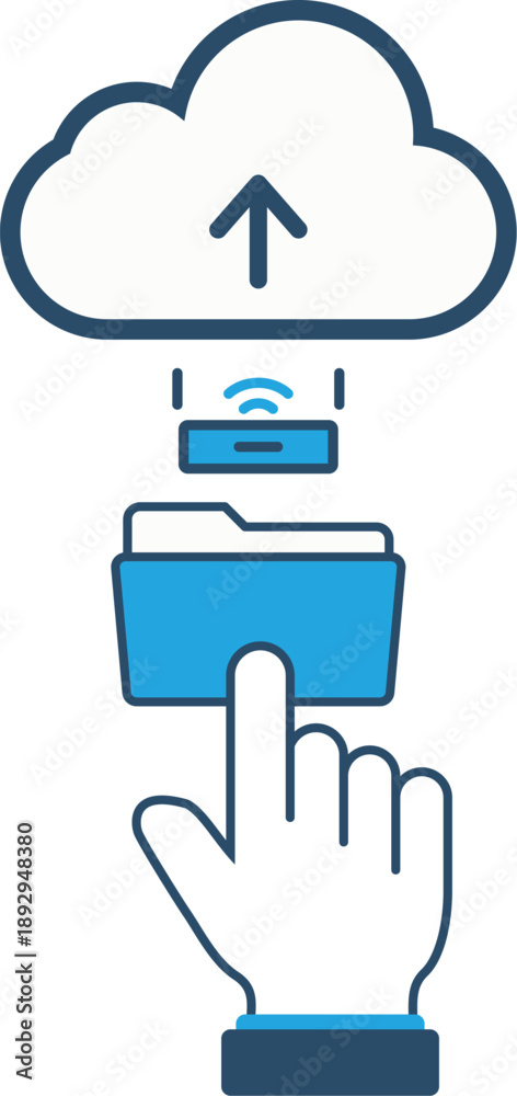 Obraz premium Cloud sync folder upload icon showing a user tapping a folder connected to cloud storage via wireless sync.
