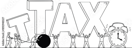 Tax burden and deadline concept vector illustration with tiny people moving large letters and alarm clock line art