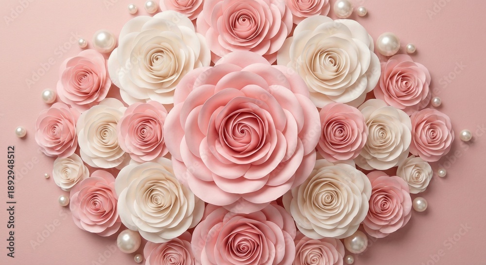 Obraz premium Elegant Pink and Ivory Paper Rose Flower Background with Pearls, Luxury 3D Floral Composition for Wedding, Valentine, Beauty Branding and Decorative Wall Art