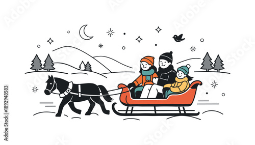 Sleigh Ride Serenity. Group enjoying sleigh ride outdoors. Sleigh moving gently across snow with trees and hills, peaceful nature setting and quiet motion.