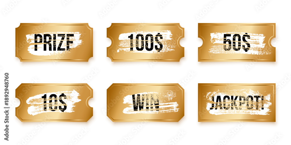 Obraz premium Golden scratch-off tickets with text revealing prizes. Winner scratching cards. Lottery coupons with winnings: jackpot, cash amounts and prize. Realistic vector illustrations set