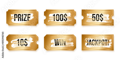 Golden scratch-off tickets with text revealing prizes. Winner scratching cards. Lottery coupons with winnings: jackpot, cash amounts and prize. Realistic vector illustrations set