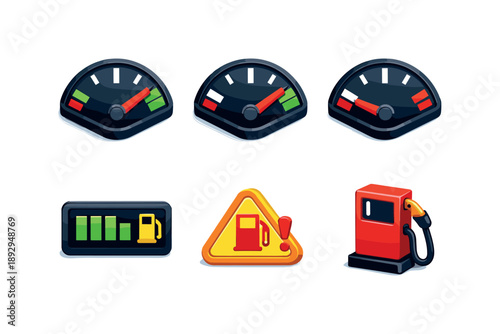 Isometric Fuel Gauges. Fuel Gauge. Isometric flat vector icons set of Fuel Gauge: car fuel gauge needle full, car fuel gauge needle half, car fuel gauge needle