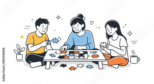 Friends Puzzle Gathering. Friends building puzzle at home. Friends sitting on the floor or at a low table with puzzle pieces spread out neatly. Cozy atmosphere