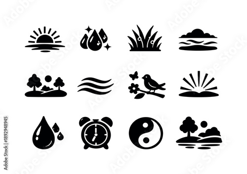 Morning Dew Icons. Morning Dew Nature. Solid icon set of Morning Dew Nature: sunrise horizon, dew droplets sparkle, early morning grass, misty ground, calm