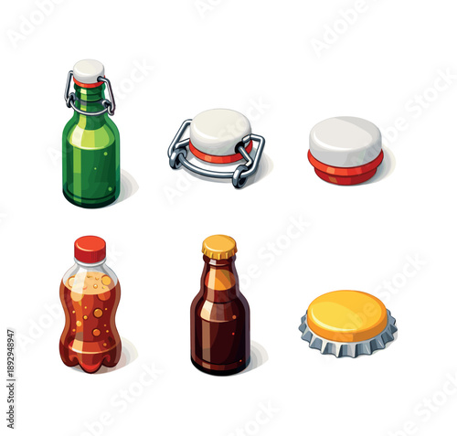 Fermented Drink Icons. Fermented Drink. Isometric flat vector icons set of Fermented Drink: reusable glass bottle, flip top closure, ceramic stopper cap, metal