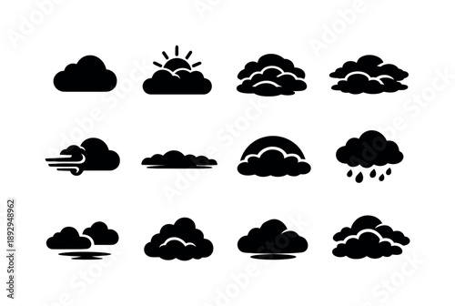 Cloudy Icon Set. Cloudy Day Atmosphere. Solid icon set of Cloudy Day Atmosphere: daytime cloud, sun behind thick clouds, layered cloudscape, drifting overcast,