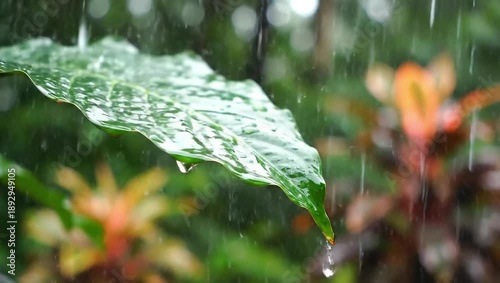 Raindrop on Leaf: Capturing the tranquil beauty of nature, a singular leaf becomes a stage for glistening raindrops, embodying the serenity of a gentle rain and lush, vibrant flora.