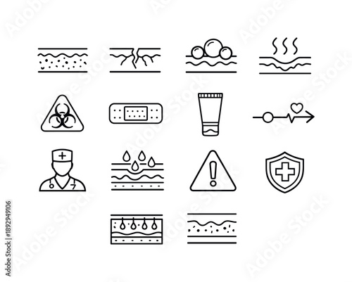 Skin Damage Icons. Skin damage. Line icon set of Skin damage: damaged skin texture, cracked surface, blister outline, inflammation waves, infection warning