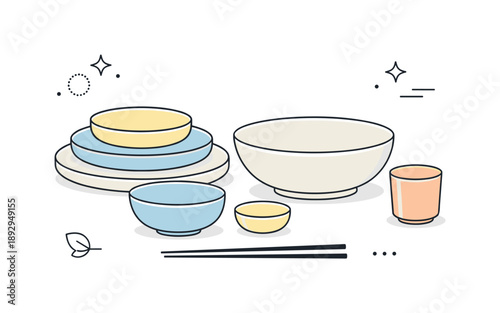 Minimalist Ceramic Elegance. Minimal ceramic tableware. A clean tabletop scene with neatly arranged ceramic plates and bowls in soft matte tones, expressing