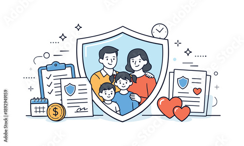Family Insurance Protection. Discussing insurance plans for the family protection focus. A conceptual scene with a family group framed by a large shield icon,