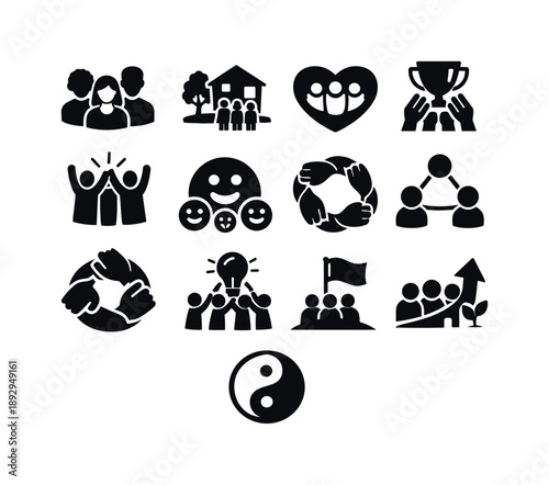 Community Icons. Community Joy Scene. Solid icon set of Community Joy Scene: diverse people group, neighborhood gathering, community heart, shared success