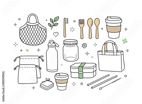 Eco-Friendly Essentials. Reusable products lifestyle scene. A top-down view of reusable items neatly arranged, including bottles, bags, and containers,