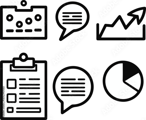  survey feedback objects, rating scale, survey form clipboard, feedback message bubble, analytics pie chart, submit button icon, bold black thick outline line art 3