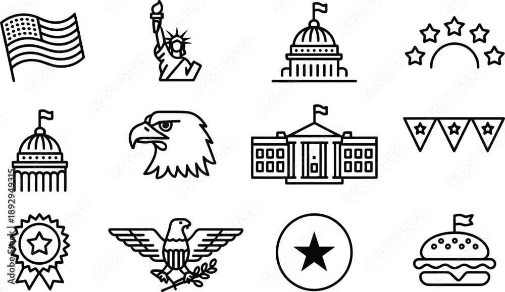 Fototapeta premium USA National Symbols, Flag, Capitol, Eagle, House, Government, Red, White, Blue. Vector Icon Set