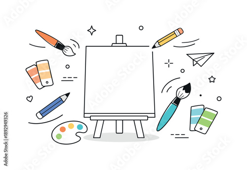 Artistic Inspiration Scene. Art education. An abstract editorial scene with brushes, pencils, and color swatches floating around a central canvas.