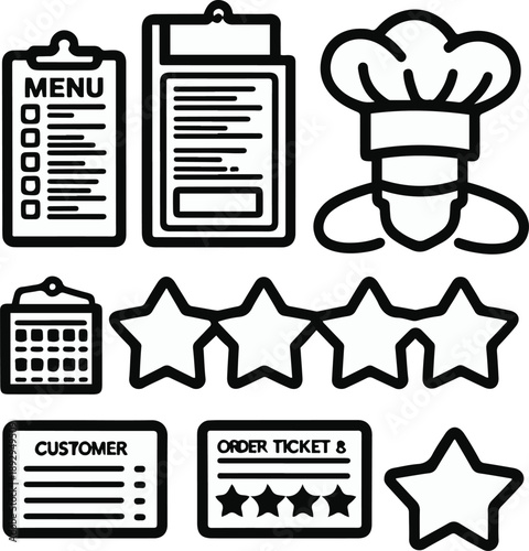 restaurant management objects, menu clipboard, table reservation sign, kitchen order ticket, chef hat, customer review stars, bold black thick outline line art