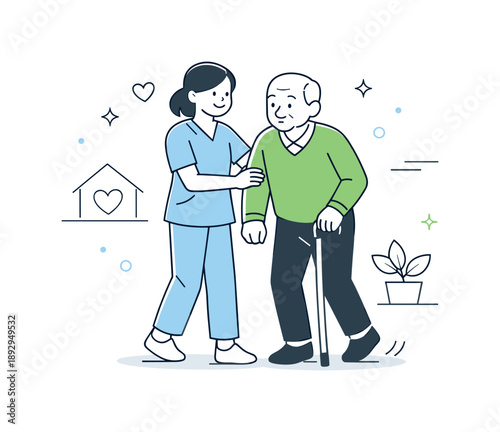 Gentle Assistance Scene. Elderly care support. Care professional helping an elderly person walk with light assistance. Trust, care, and gentle guidance.