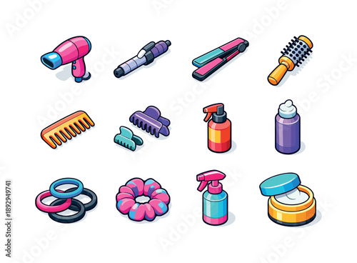 Bright Hair Styling Icons. hair styling. Colorful isometric vector icons set of hair styling: hair dryer, curling iron, flat iron, round brush, comb, hair