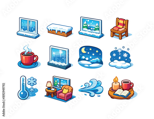 Cozy Winter Icons. Chilly Interior. Colorful isometric vector icons set of Chilly Interior: window condensation, frosted sill, snow outside view, warm scarf on