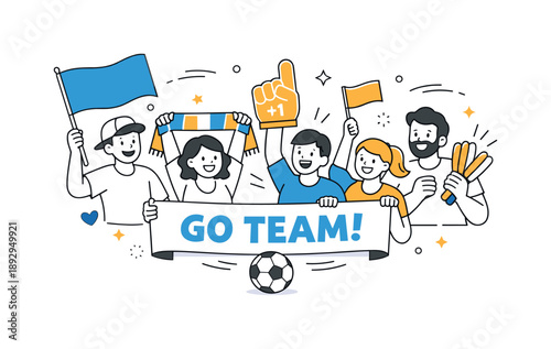 Cheering Sports Enthusiasts. Sports event spectators. A simple scene showing fans cheering with flags, banners, or clappers, highlighting community and
