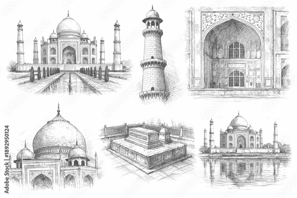Obraz premium Taj Mahal, Mughal Monuments and Islamic Architecture Hand-Drawn Engraving Illustration Set