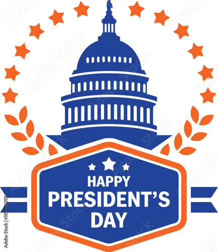 Presidents Day Logo, US Capitol, Orange and Blue, Patriotic Design, Stars, Laurel Wreath, Government, National Holiday. Vector Illustration
