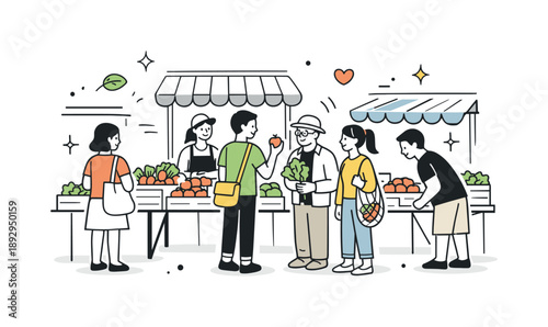 Vibrant Market Scene. Street market people. A small group of people browsing fresh produce at an outdoor market, calm movement between stalls and friendly