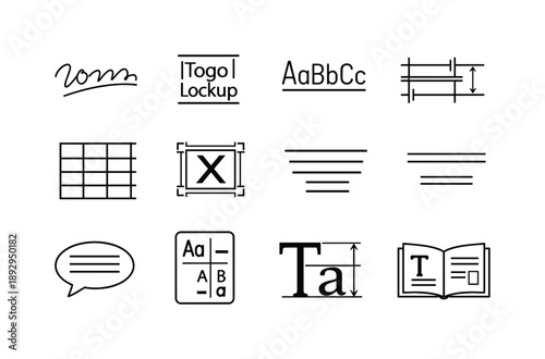 Brand Typography Icons. Brand typography. Line icon set of brand typography: logo type, type lockup, brand font sample, spacing rules, text grid, clear space