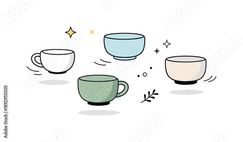 Minimal Stoneware Tea Set. Minimal tea set. A small group of stoneware tea cups with clean silhouettes and muted colors, floating gently in an airy editorial