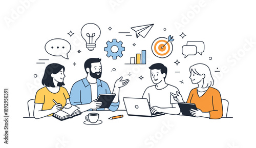 Creative Team Brainstorming. Business meeting brainstorming. Team discussing ideas with notebooks and tablets, relaxed but productive mood. Creative exchange