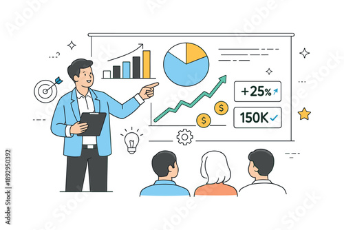 Business Growth Presentation. Business presentation analytics. Presenter pointing at charts and graphs showing growth and results. Clear data storytelling and